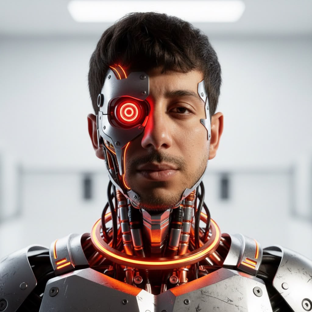 Mohammad Khaddam with an AI robot
