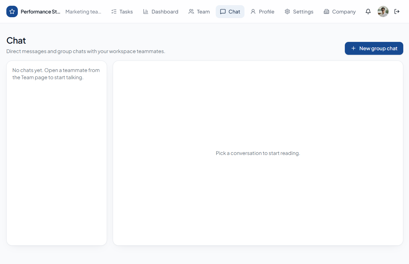 Performance Star team chat interface