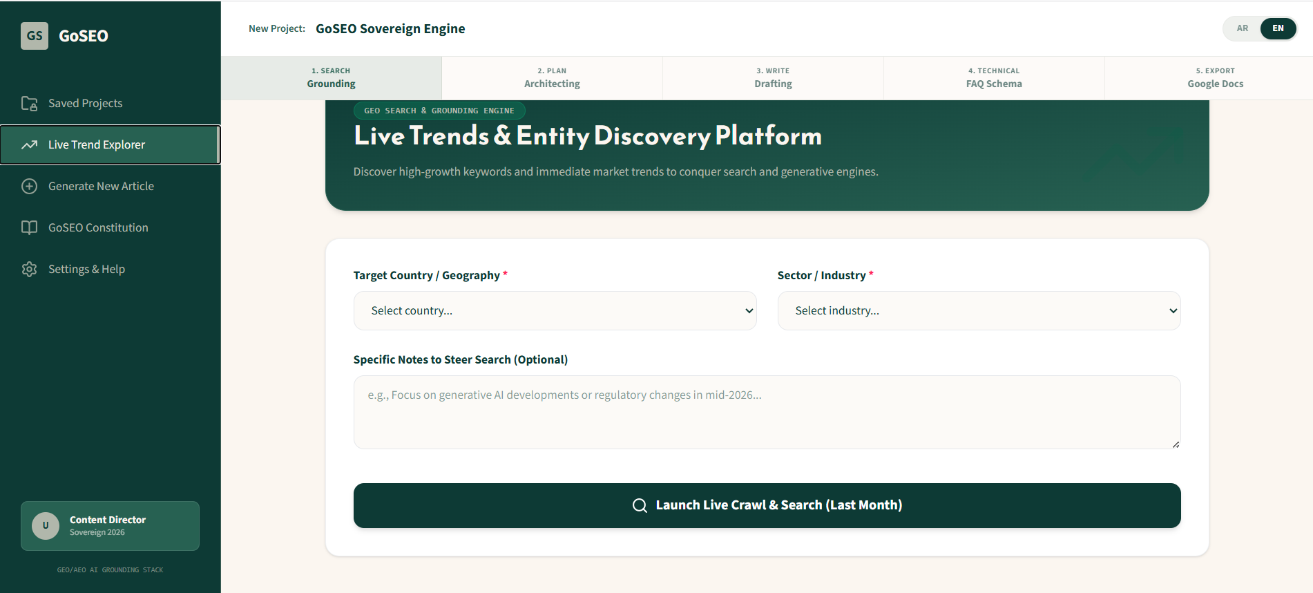GoSEO live trends and entity discovery interface