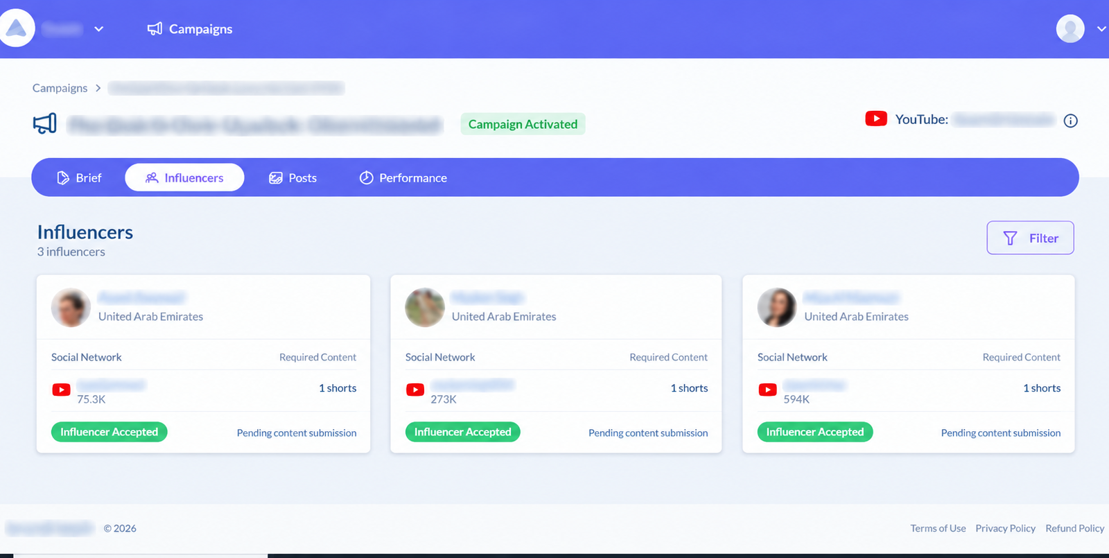 Campaign and influencer management on the platform